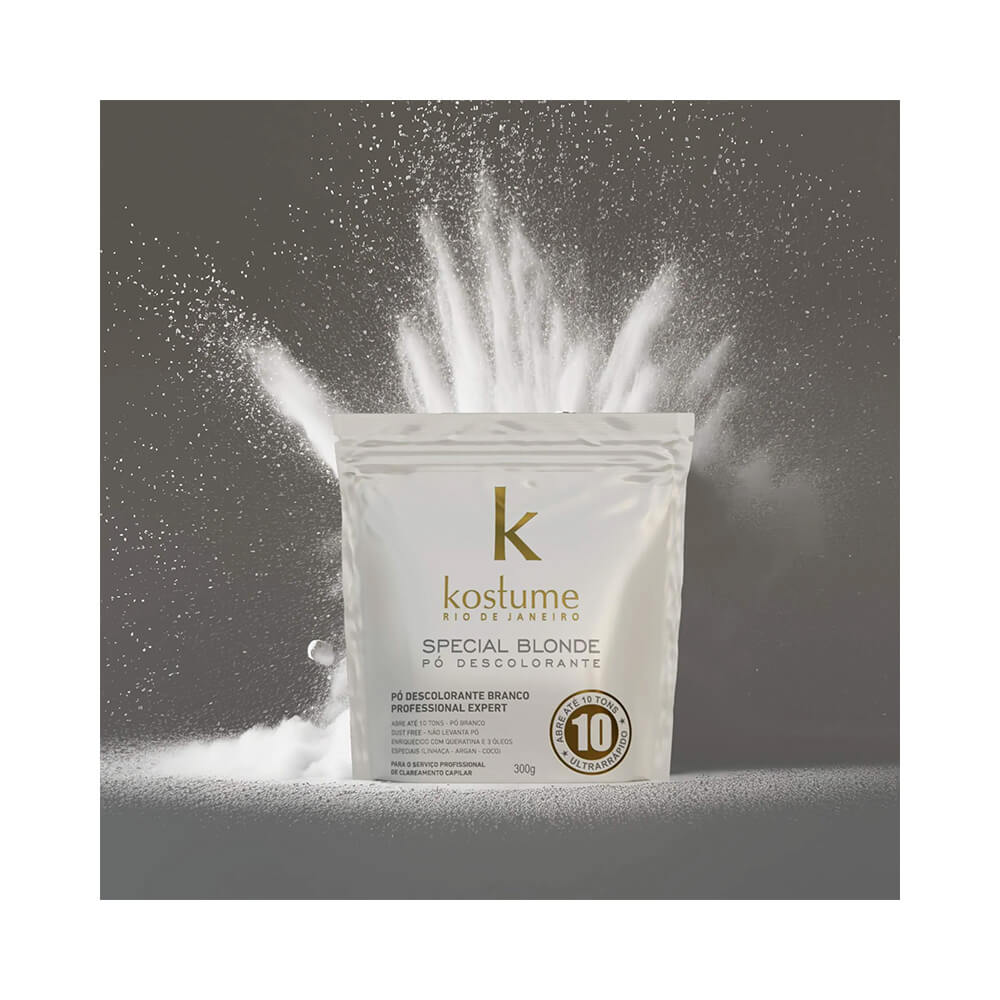 Pó Descolorante Kostume Special Blonde Branco 300g com efeito visual de pó em suspensão